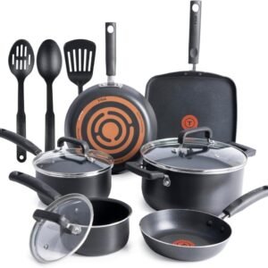 ชุดเครื่องครัวเคลือบสารกันติด T-fal Signature 12 ชิ้น เข้าเตาอบได้ 350°F หม้อและกระทะ ชุดทำอาหารพร้อมกระทะทอด หม้อซอส กระทะผัด หม้ออบแบบดัตช์ กระทะย่าง เครื่องครัว สำหรับใช้ในบ้าน ล้างในเครื่องล้างจานได้ สีดำ